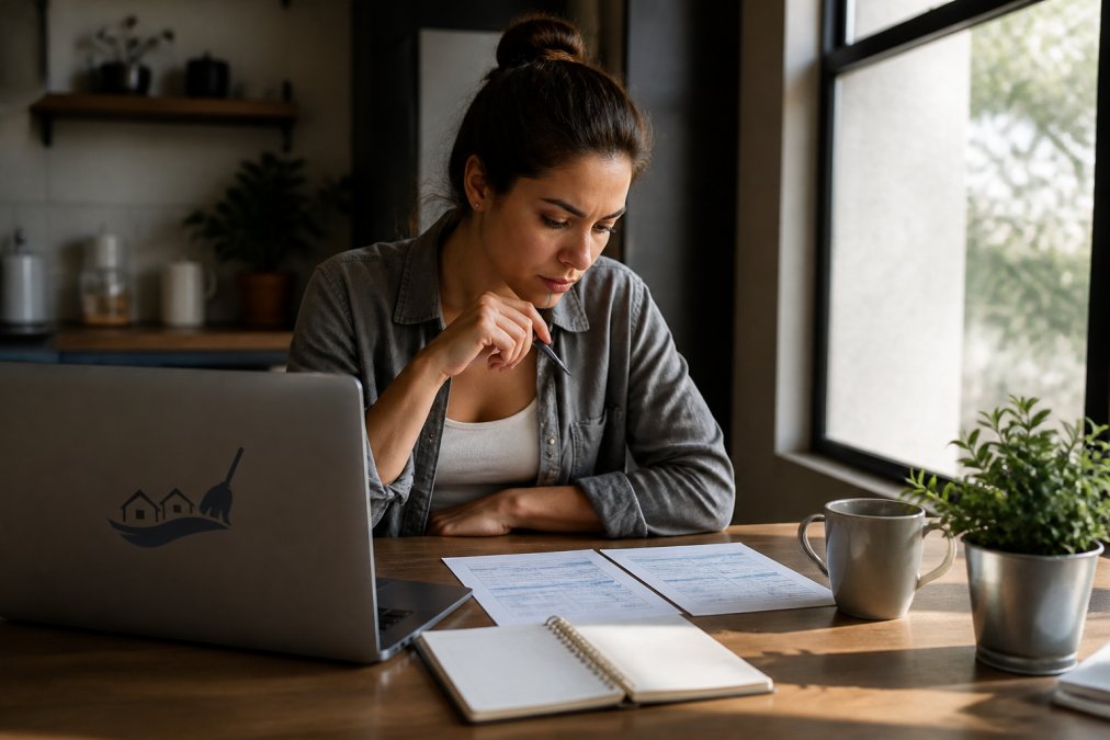 A woman in casual clothes sitting at a kitchen table with a laptop and a notebook, comparing two cleaning service quotes side by side, a coffee mug and a small potted plant on the table, soft natural light from a window