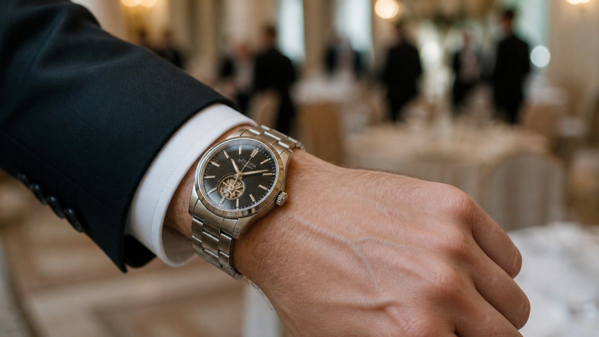 Gros plan sur un poignet d'homme portant une montre mécanique à bracelet acier inoxydable, manchette de costume sombre légèrement relevée, lumière naturelle douce, arrière-plan flou d'une salle de réception élégante