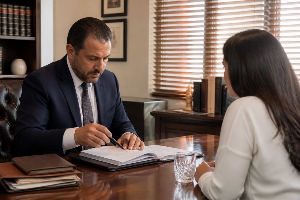 Attorney and client reviewing legal documents in a sunny Montrose law firm office.
