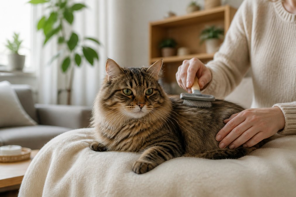 Person gently brushing a calm cat on a cream blanket to support its mood-balancing benefits during grooming.