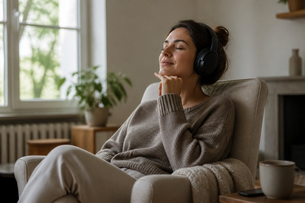 Person sitting in comfortable armchair wearing over-ear headphones with eyes closed in peaceful expression, soft natural light from window creating warm ambiance in minimalist living room