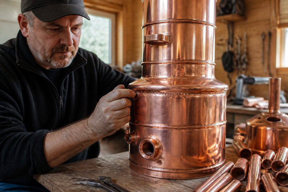 Close-up of a hand-made copper still column with visible rolled and beaded seams, sitting on a workbench in a home workshop with copper tubing and fittings nearby