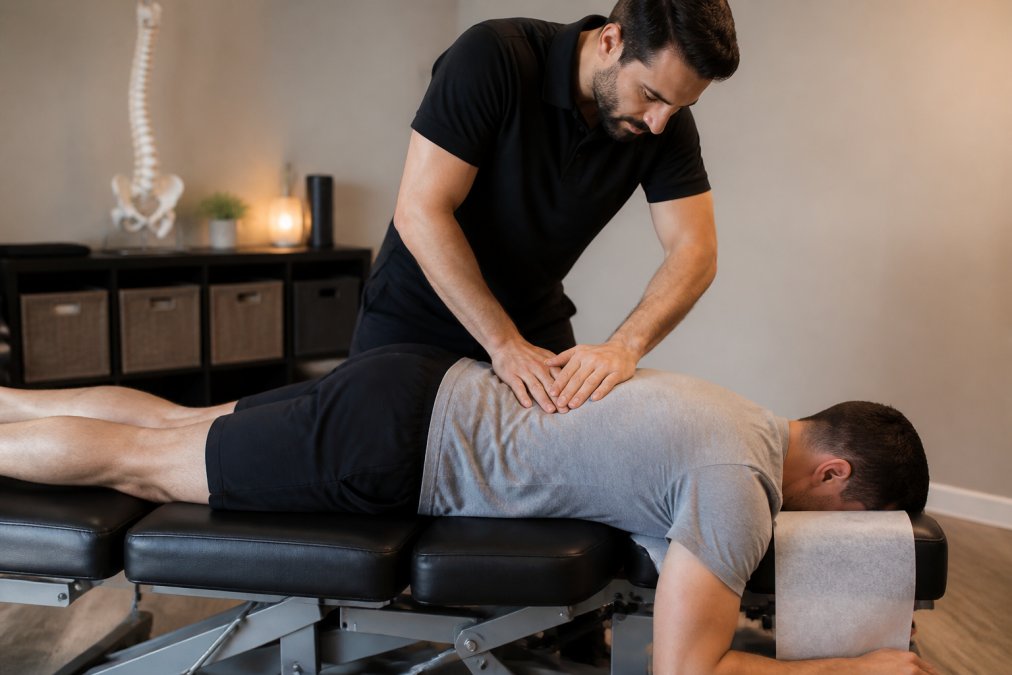 Chiropractor performing detailed spinal assessment on patient lying face-down on treatment table, hands positioned on lower back for diagnostic evaluation, modern clinical setting with soft overhead lighting