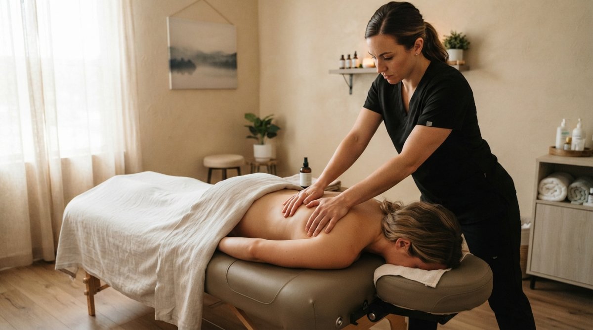 Patient receiving therapeutic massage or acupuncture treatment in calm, well-lit clinic room with soft ambient lighting and wellness-focused decor, therapist's hands working on patient's back