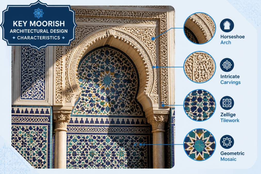 Close-up of intricately carved horseshoe arch with zellige tilework and geometric mosaic patterns in vibrant blues, greens, and golds on a traditional Moroccan palace wall, showing detailed craftsmanship and natural light casting shadows on the ornamental surface