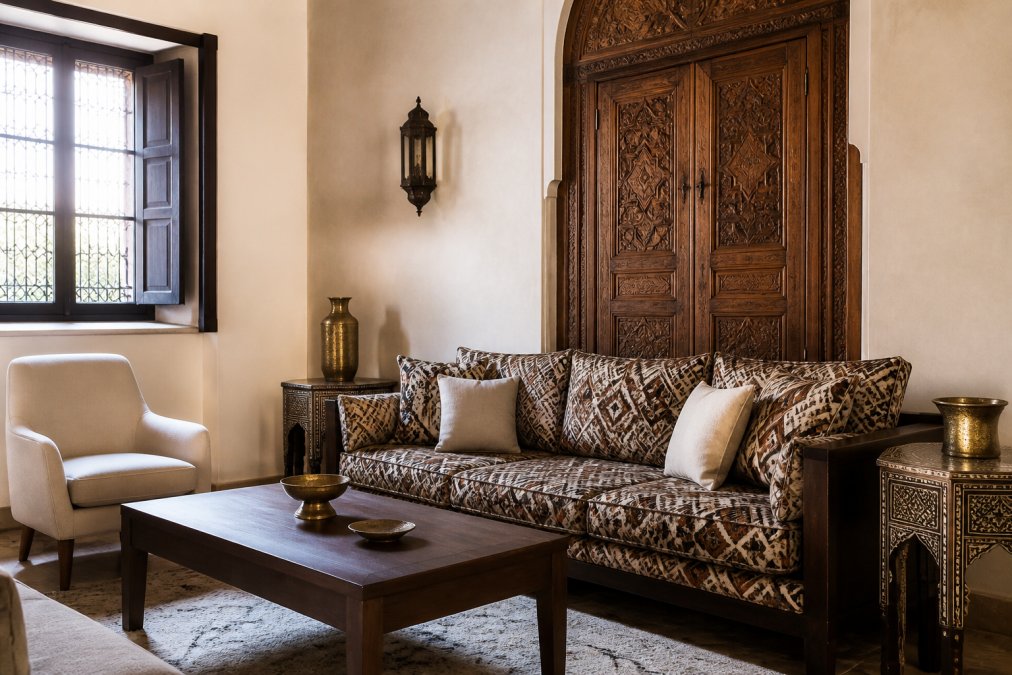 Contemporary living room featuring a handcrafted Moroccan carved wooden door as an accent wall element, paired with a traditional sofa upholstered in quality fabric with moorish geometric patterns, alongside modern minimalist furniture and neutral walls with natural daylight streaming through windows