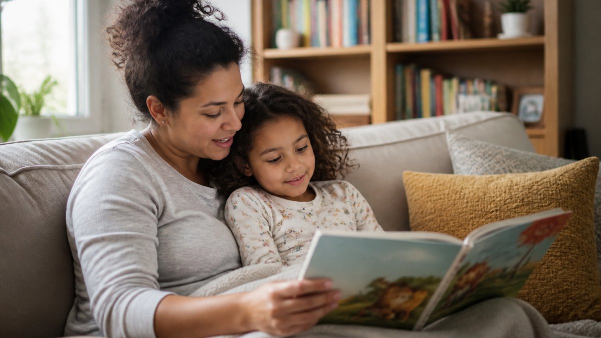 A parent and child cuddled on a cozy couch reading an illustrated picture book together, warm natural light, bookshelf in background