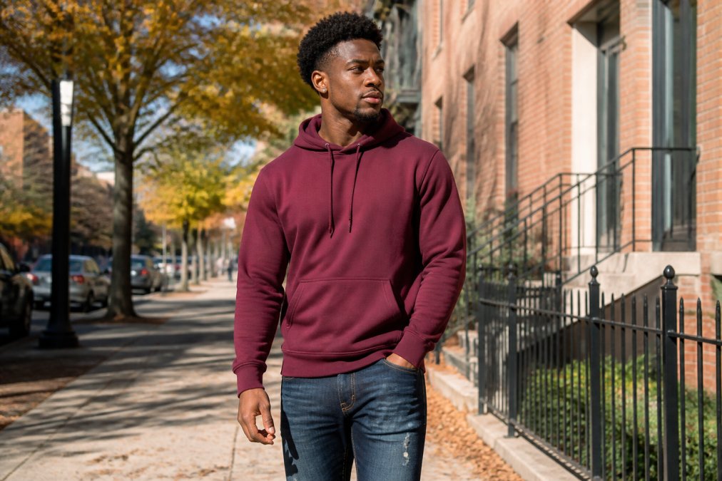A stylish young man in a maroon Morehouse hoodie and jeans walking on a sunny city street, looking confident and casual, with brick buildings and autumn trees in the background