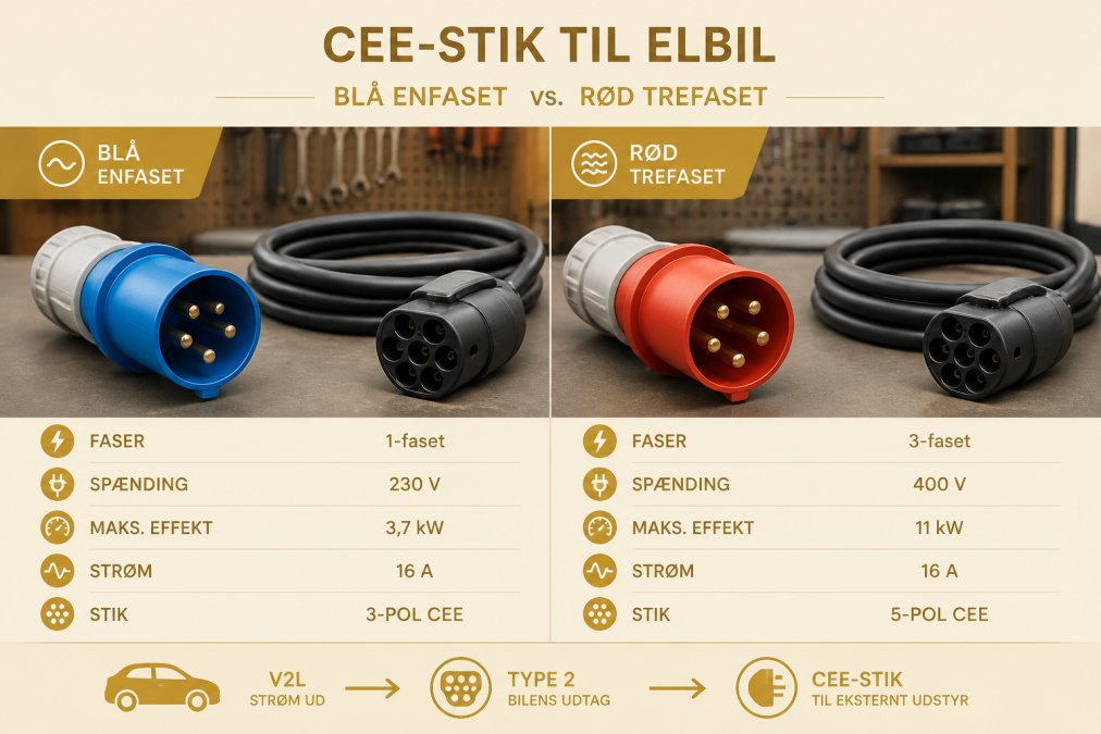 A close-up photo of a blue single-phase CEE plug and a red three-phase CEE plug lying side by side on a workbench, with a Type 2 charging cable coiled nearby in a garage setting