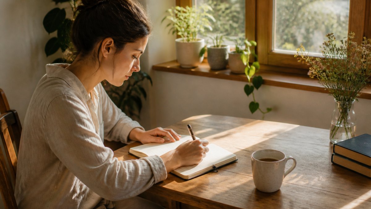 Person sitting at a wooden desk with coffee and an open notebook for morning journal prompts in natural sunlight