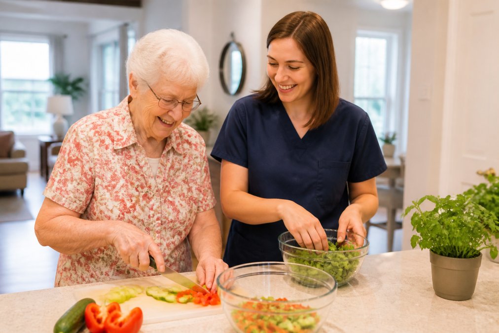 Senior resident and caregiver preparing a meal together in a bright, modern assisted living kitchen, showing daily engagement and support with warm natural lighting