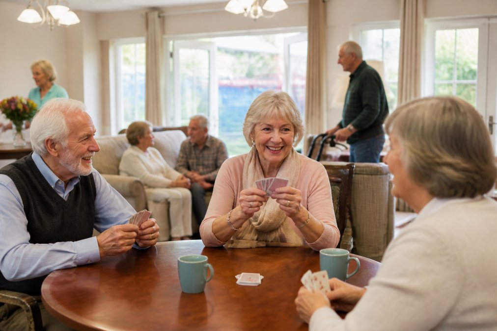 Diverse group of seniors enjoying activities together in a comfortable community room with natural light, welcoming furnishings, and warm engagement