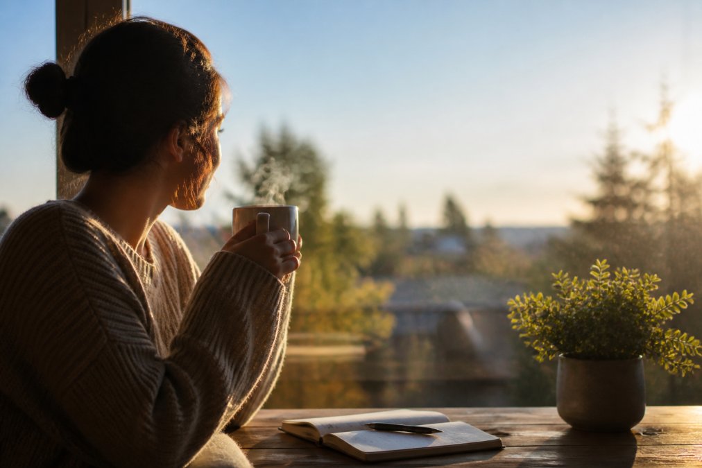 A person holding a white ceramic mug of coffee by a sunlit window in the early morning, steam rising gently, creating a calm and intentional pause before the workday begins
