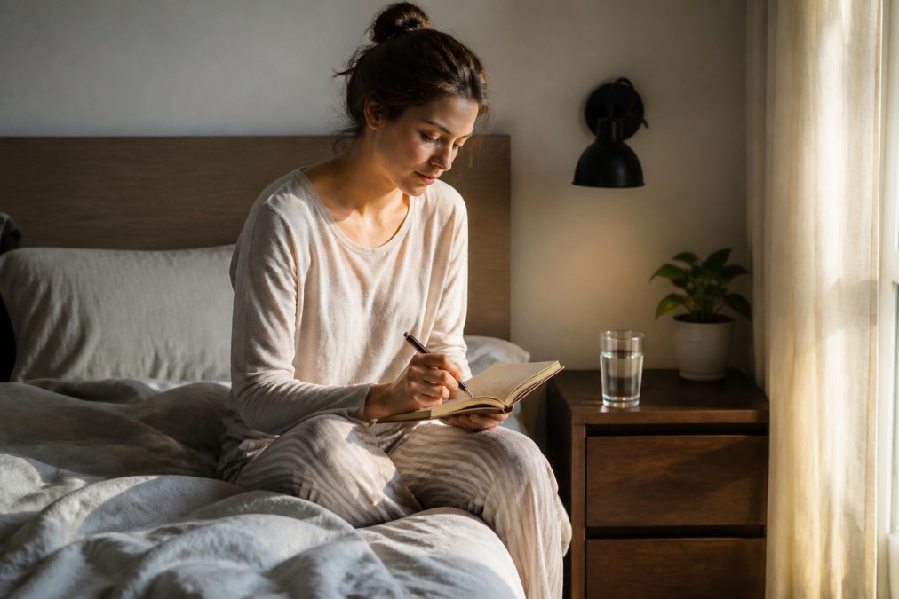 A calm bedroom scene at dawn. A person is sitting on the edge of their bed, holding a simple paper notebook and pen, with a glass of water on the nightstand. Soft, natural light filters through the window.