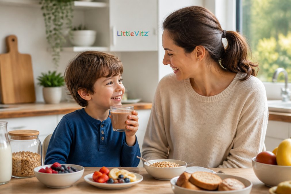 A parent and young child in a bright kitchen, child holding a cup of chocolate milk while mother smiles, breakfast items on the table