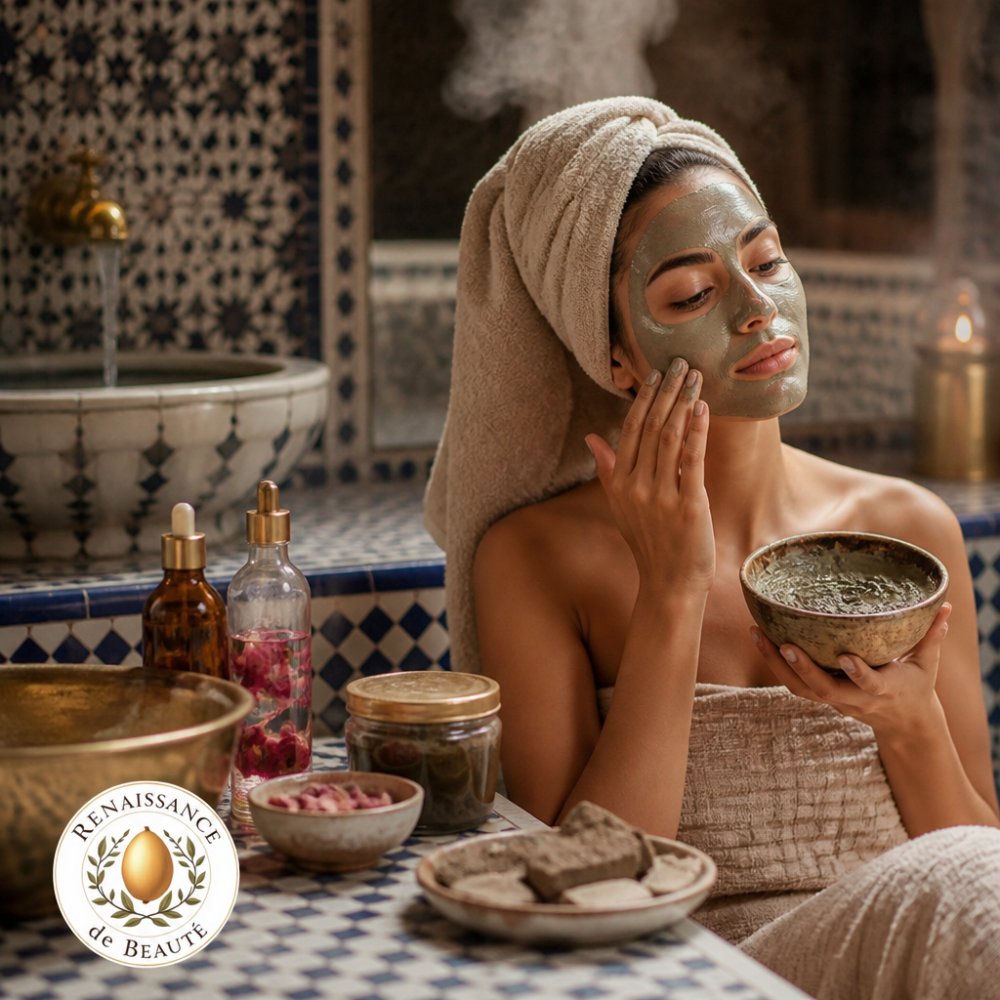 Woman in a spa setting applying rhassoul clay mask to her face, surrounded by traditional Moroccan beauty products like argan oil bottles and rose water, warm lighting with steam in the background