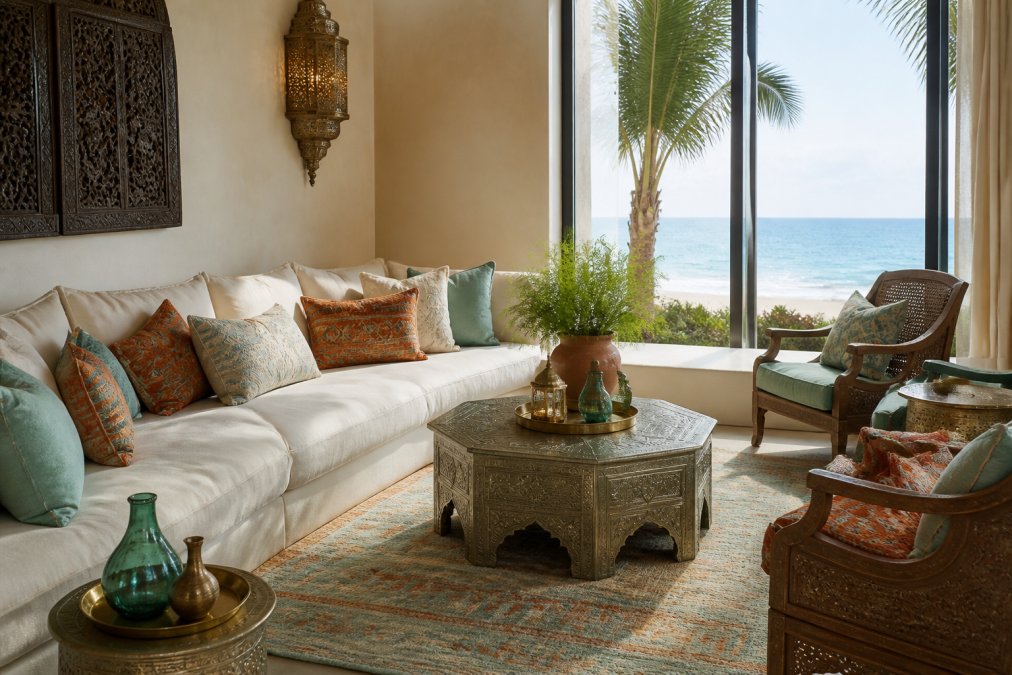 Bright coastal living room with seafoam and terracotta accents, natural light streaming through large windows, handcrafted Moroccan textiles and brass accents against neutral walls