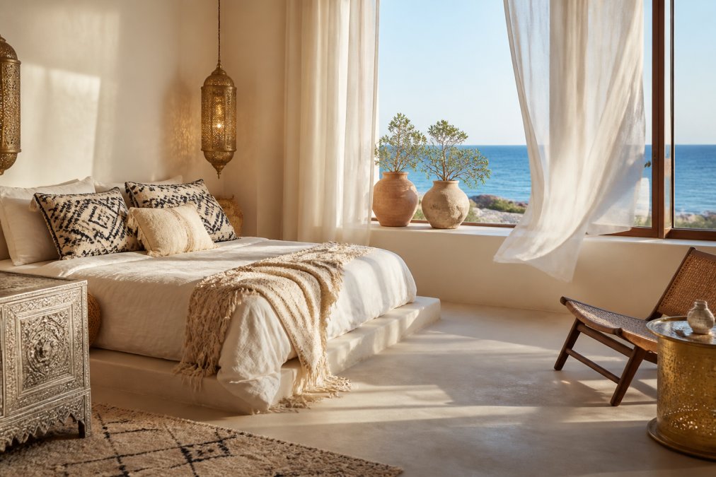 Open minimalist-boho bedroom with geometric patterned pillows, low-slung furniture, warm brass lantern lighting, ocean breezes visible through sheer curtains, artisanal clay planters on windowsill
