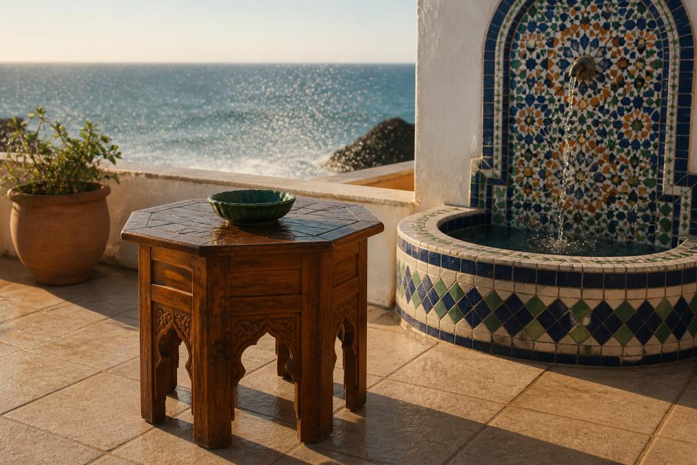 A sunlit coastal patio with a handcrafted Moroccan wooden side table and a mosaic tile fountain, salt spray visible in the air near the ocean, natural afternoon lighting