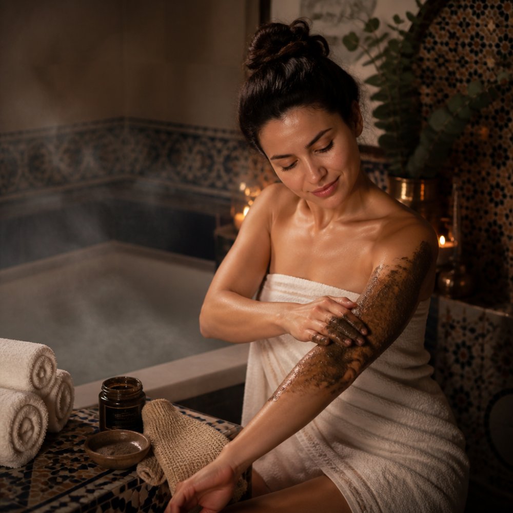 Serene bathroom scene with steam rising from a warm bath, soft candlelight illuminating a kessa glove and black soap arranged on the tub edge, ghassoul clay in a small bowl nearby, warm rolled towels stacked beside the tub, eucalyptus branches visible in the background