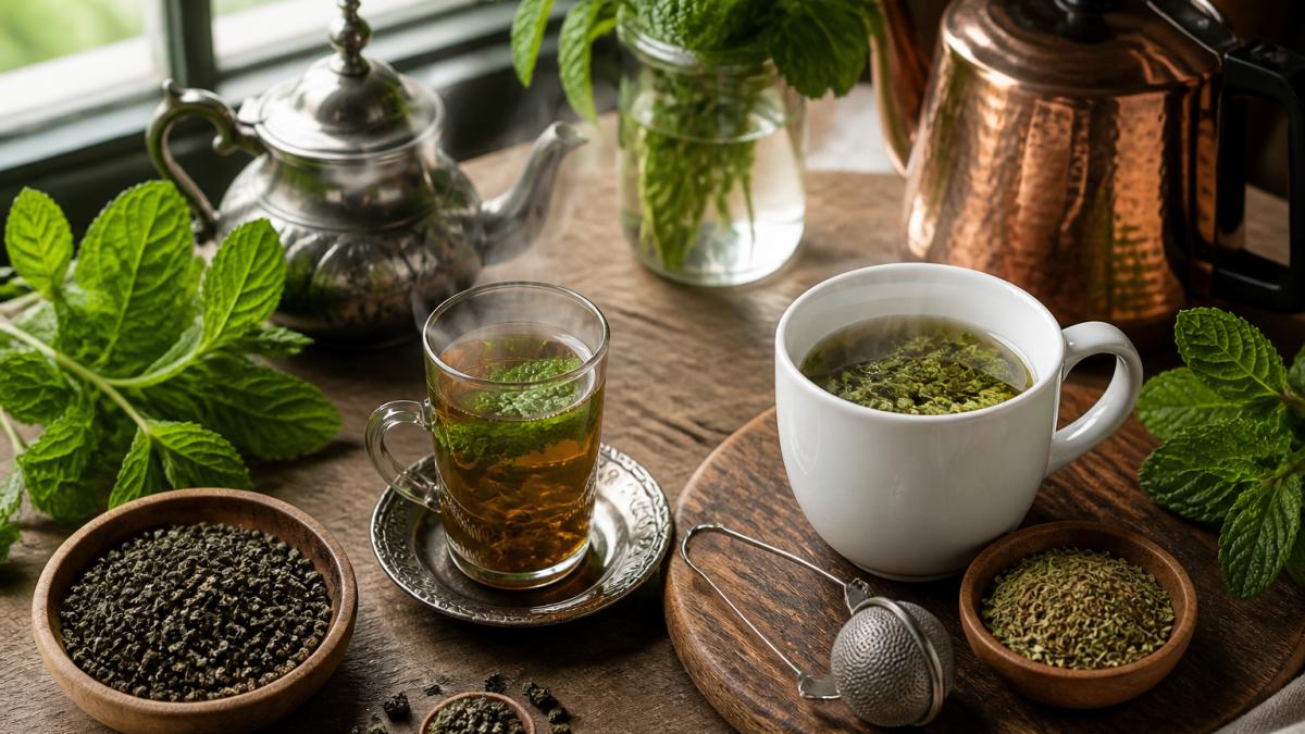 Overhead shot of two brewing setups side by side, a traditional Moroccan tea glass with fresh spearmint leaves and gunpowder green tea pellets beside it, and a simple white mug with dried peppermint leaves steeping, steam rising from both, natural window lighting
