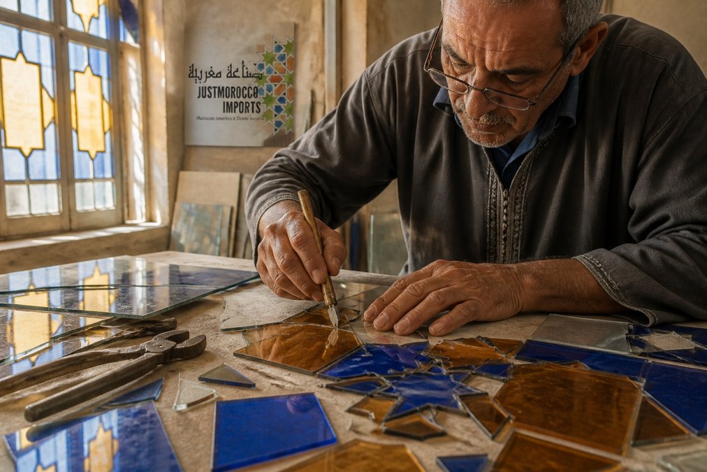 Artisan's weathered hands carefully cutting intricate geometric patterns into amber and blue stained glass sheets using traditional glass cutters in a sunlit workshop