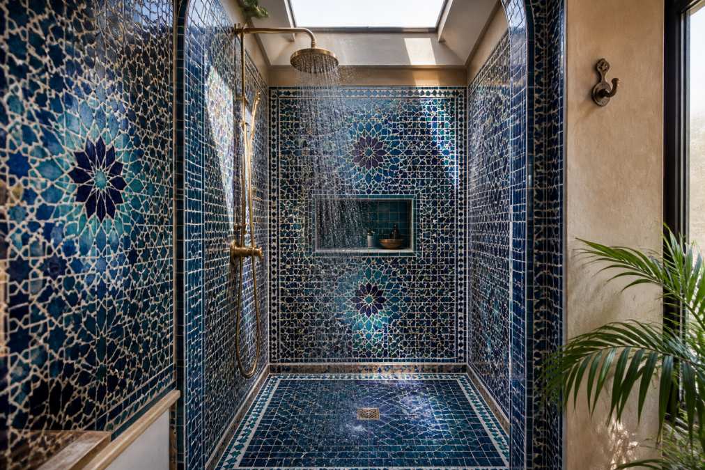 Luxury bathroom shower with intricate zellige tiles in deep blues and teals arranged in geometric star patterns on walls, water droplets catching natural light from a skylight, brass shower fixtures with vintage patina, and white grout lines emphasizing the mosaic design