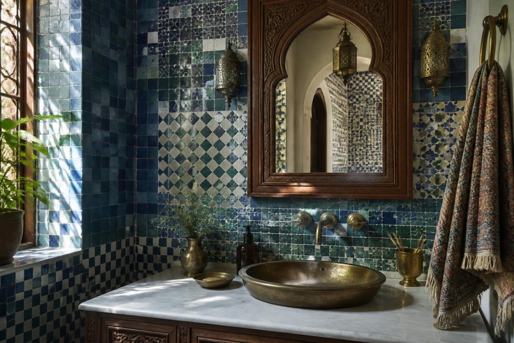 Moroccan bathroom vanity with mixed zellige tile patterns in blues and teals on walls, brass fixtures with aged patina, ornate horseshoe arch mirror framed in carved wood, woven textiles draped over towel rack, and soft natural light creating shadows across geometric patterns