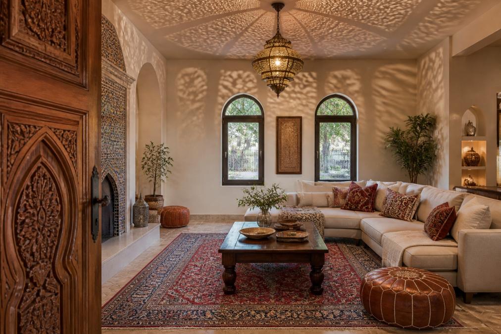 A staged living room interior featuring a Moroccan-inspired space with a handcrafted wooden door, ornate lighting fixture casting intricate shadow patterns, and layered textiles including a hand-woven carpet, photographed from the entryway to showcase the full aesthetic impact and design cohesion