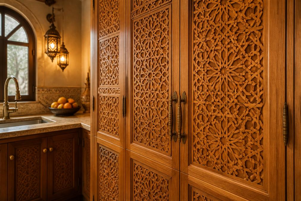 Close-up of ornate hand-carved wooden cabinet doors with intricate geometric and arabesque patterns, natural wood grain visible under warm amber lighting from brass fixtures