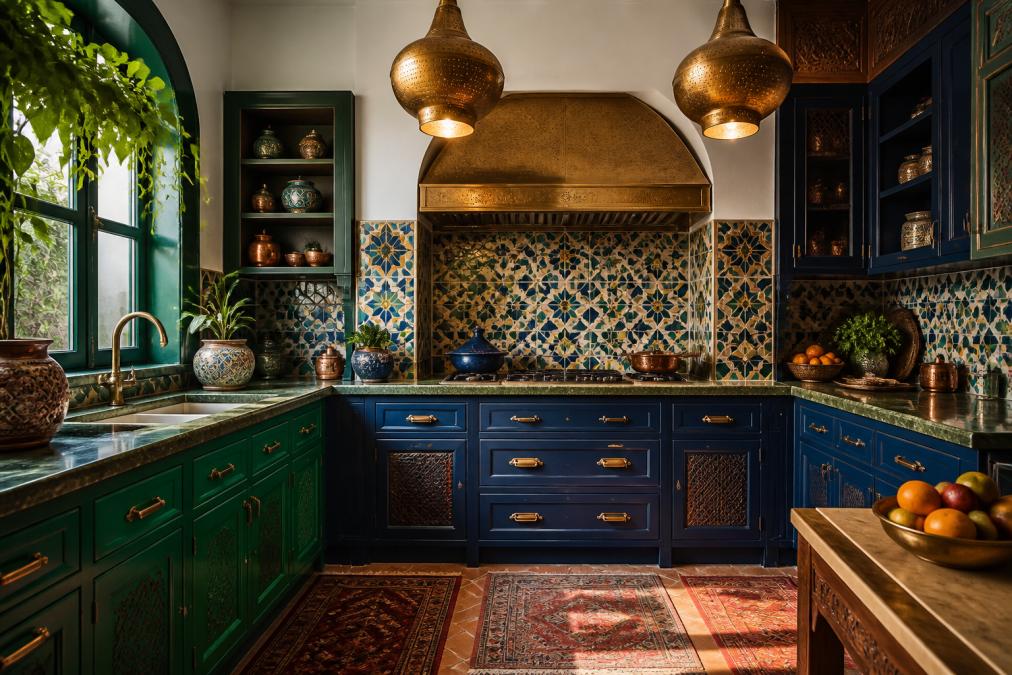 Full kitchen interior showcasing Moroccan-inspired cabinetry with emerald green and royal blue cabinet doors, ornate brass hardware, zellige tile backsplash in geometric patterns, and warm overhead brass lighting fixtures