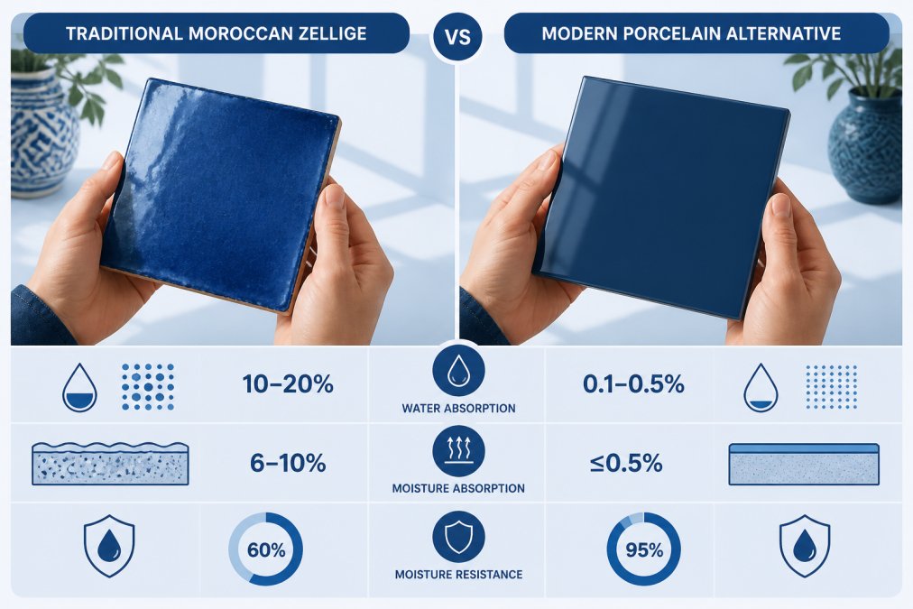 Hands holding traditional Moroccan zellige tile and modern porcelain alternative side-by-side, showing glazed finish and texture differences in natural light from a studio window