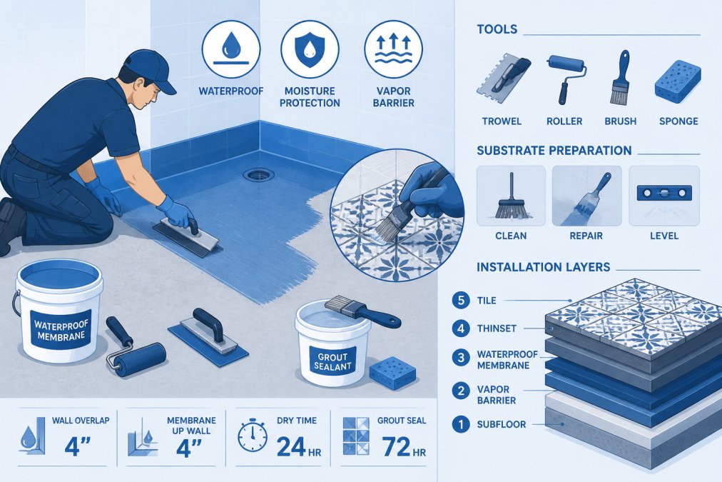 Professional installer applying waterproof membrane and grout sealant to bathroom floor subfloor, showing proper vapor barrier installation and substrate preparation with tools and materials visible