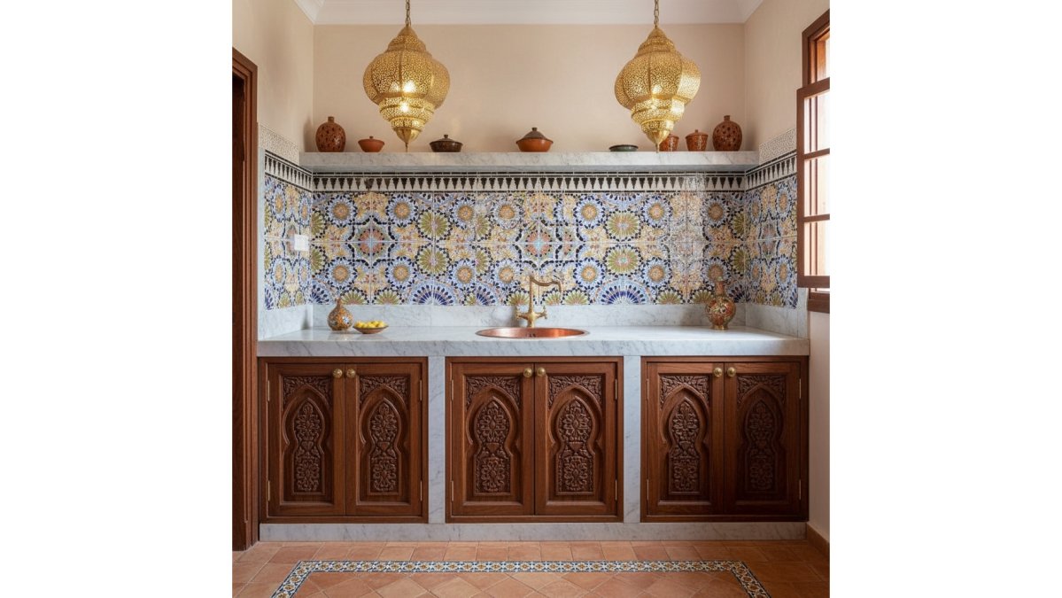 Close-up of hand-chiseled moroccan zellige tiles arranged in geometric pattern, showing intricate color variations, surface texture depth, and natural clay tones with visible artisan tool marks