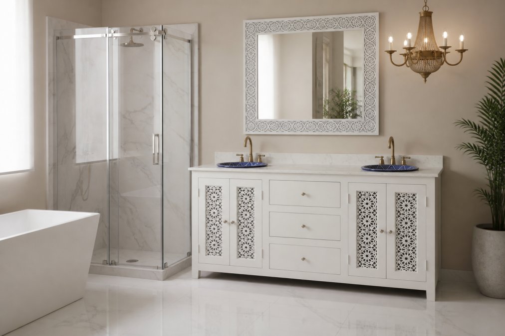 A contemporary bathroom vanity featuring carved dark wood Moroccan cabinetry with bone inlay detailing paired with minimalist white marble surfaces, clean horizontal lines, and a single statement brass chandelier overhead casting warm light