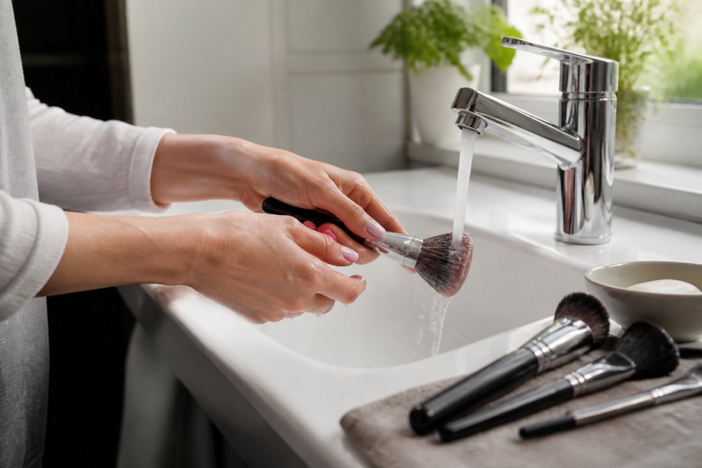 Hands gently washing makeup brushes under running water with soap, demonstrating proper cleaning technique in a bright bathroom setting with natural light