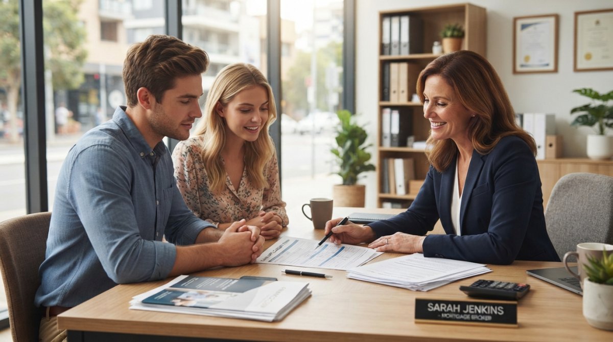 A friendly mortgage broker sitting across a desk from a young couple, reviewing loan documents together in a bright, modern office with warm natural light streaming through large windows