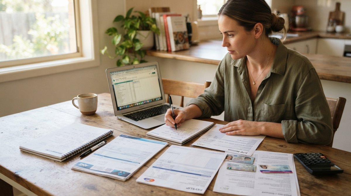 A young woman sitting at a kitchen table with a laptop, notepad, and financial documents spread out in front of her, looking focused and organised while preparing a home loan application in warm morning light