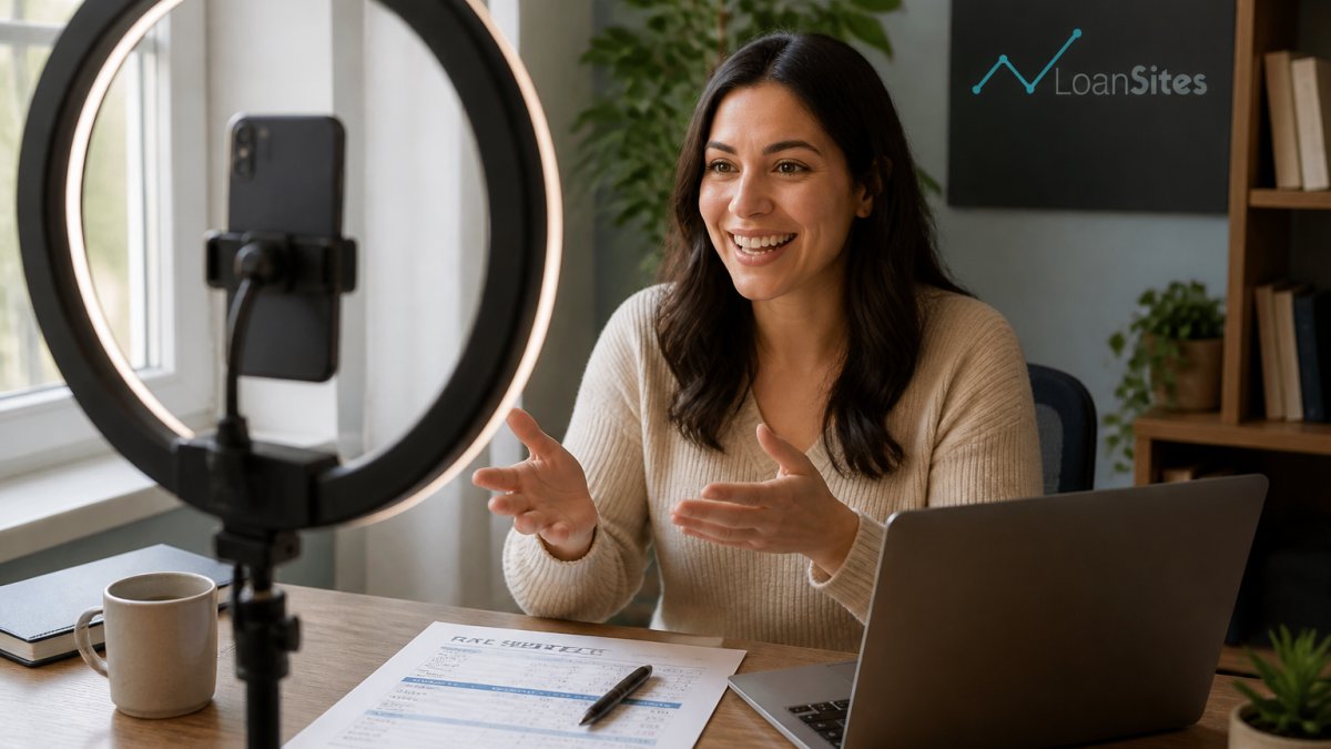 A loan officer filming a short vertical video on a smartphone in a bright home office, ring light and laptop with a rate sheet visible on the desk