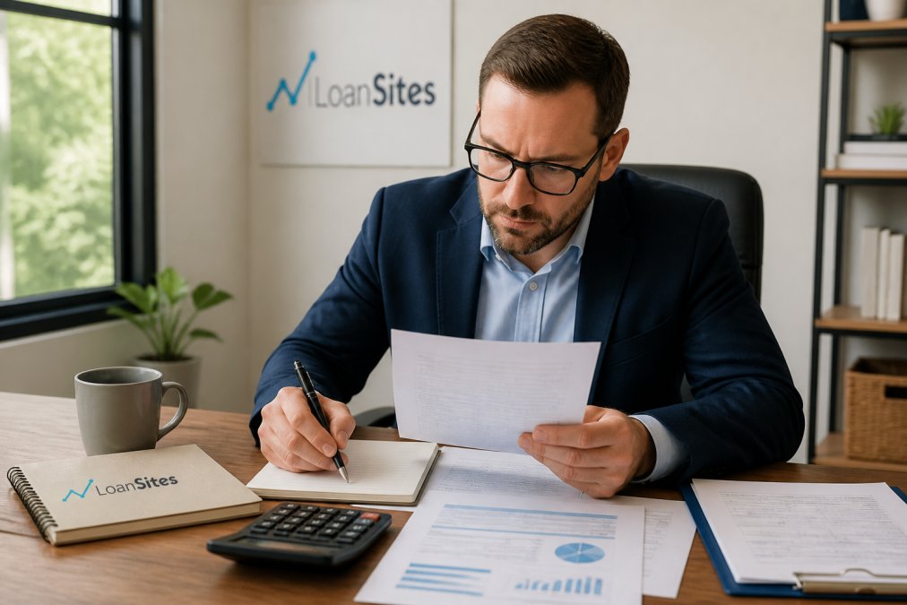 Professional loan officer reviewing mortgage application documents on desktop computer in modern office with natural lighting from windows