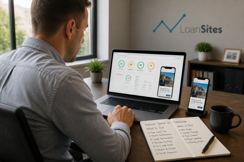 Loan officer reviewing mortgage broker website loading speed requirements on laptop and mobile device screens