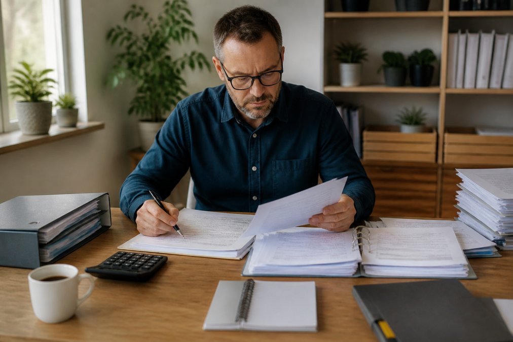 Self-employed professional reviewing financial documents and tax returns at a desk with a laptop, calculator, and organized paperwork in natural office lighting