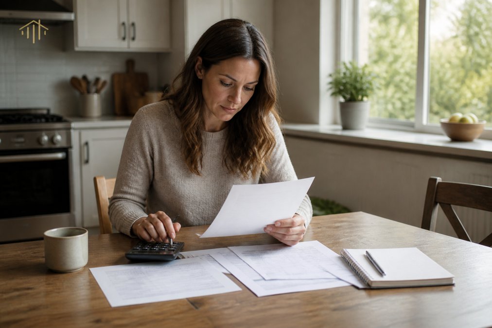 A homeowner reviewing financial documents at a kitchen table with a laptop and calculator, natural daylight through a window, calm but focused expression