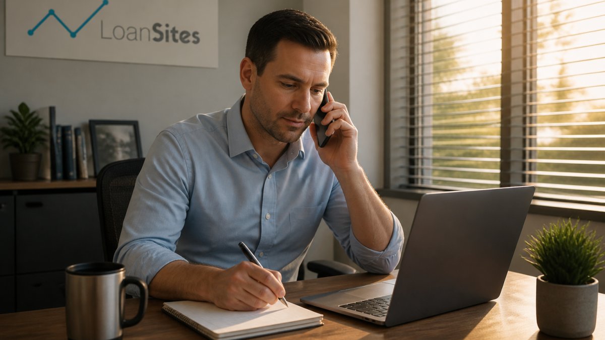 Loan officer answering a call on a smartphone to follow up with mortgage leads at a sunlit office desk