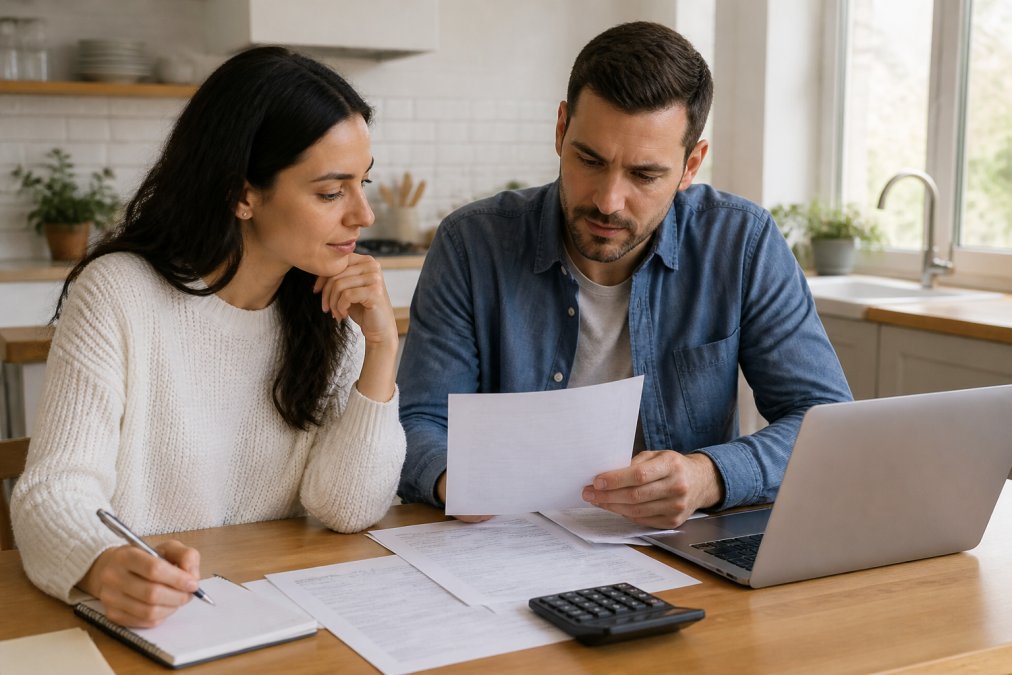 A couple at a table comparing mortgage lender quotes using a laptop, printed documents, and a calculator