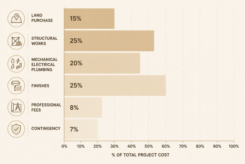 Stacked bar chart showing typical self-build project cost breakdown: land purchase 15%, structural works 25%, mechanical/electrical/plumbing 20%, finishes 25%, professional fees 8%, contingency 7% of total project cost