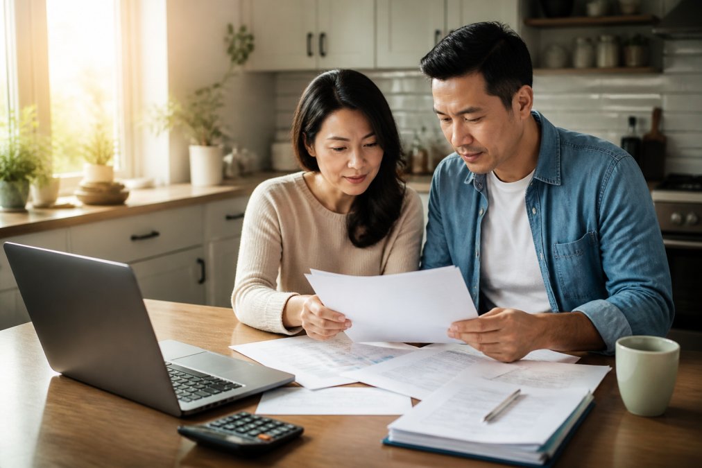 A couple reviewing mortgage documents at a kitchen table with a laptop open and a calculator nearby, warm morning light through the window