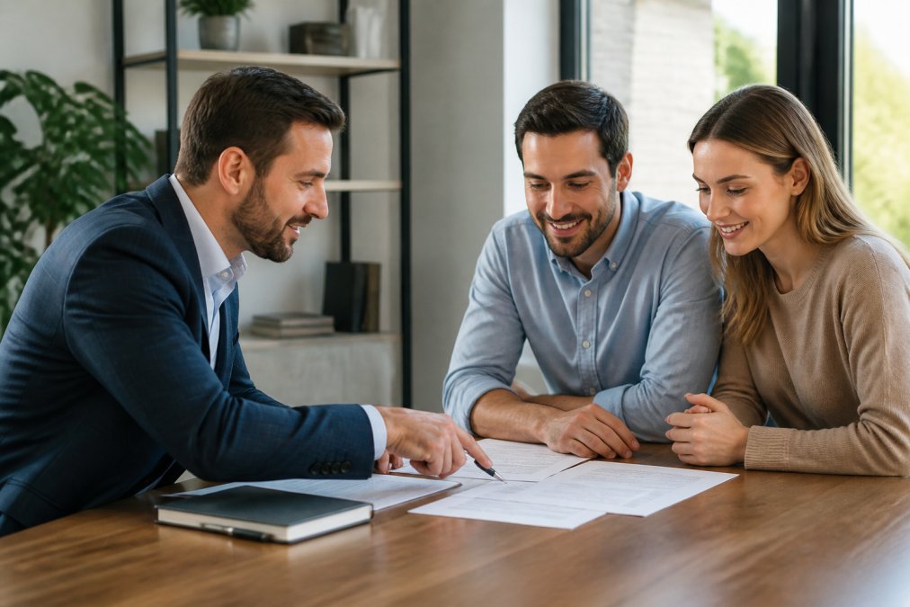 A professional mortgage loan officer having a friendly, focused conversation with a couple across a desk in a bright, modern office, reviewing documents together