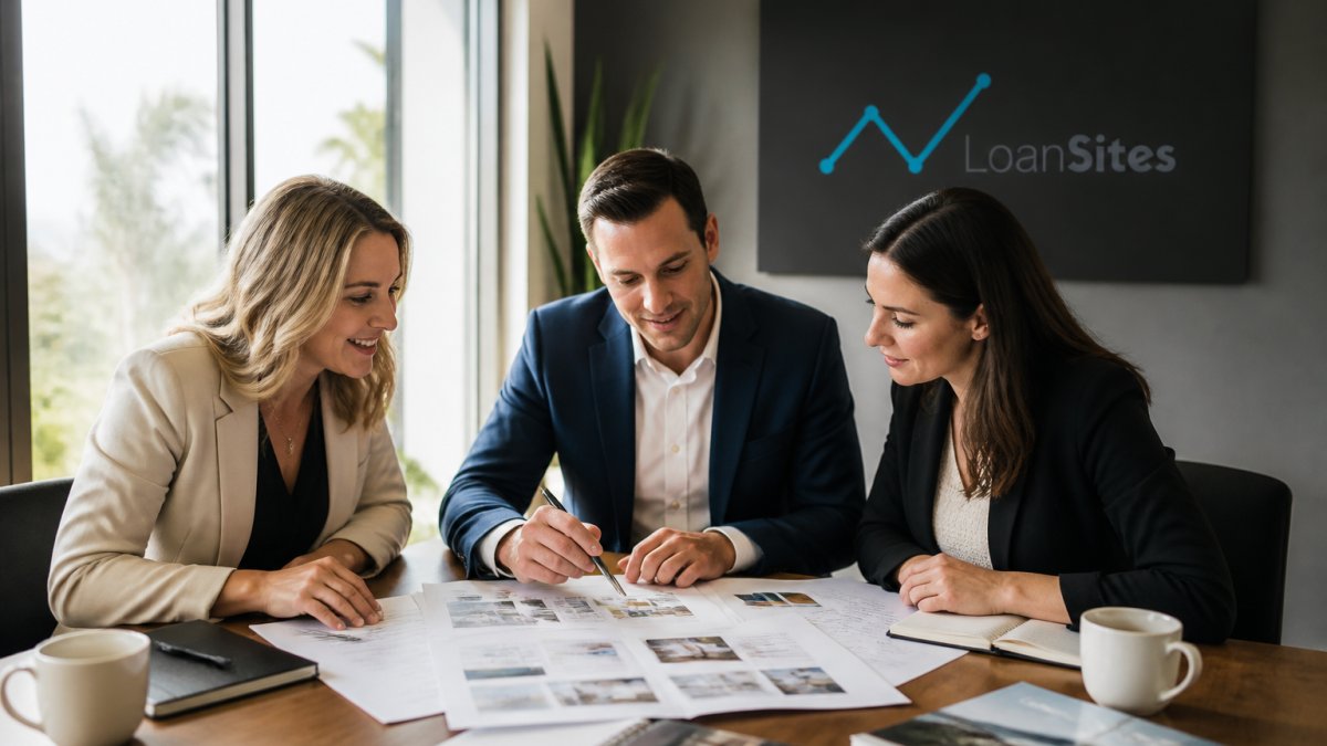 Professional mortgage team of three reviewing marketing strategy materials and analytics on laptop at modern office desk with natural window lighting