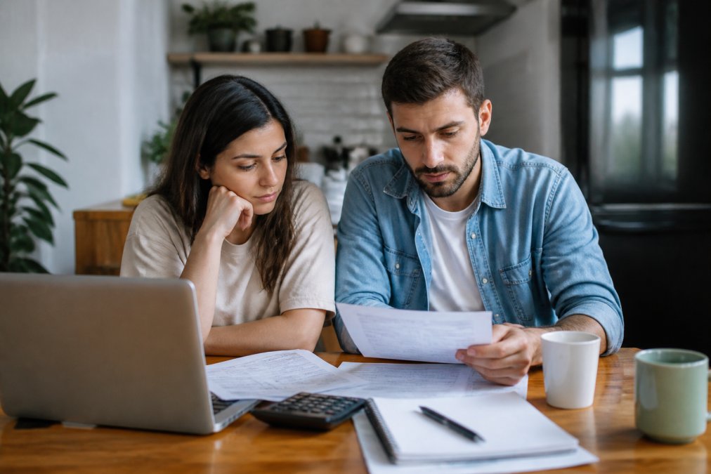 A young couple sitting at a kitchen table with a laptop, reviewing mortgage documents and credit reports, looking concerned but hopeful, with a calculator and coffee mugs nearby